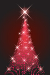 Christmas tree from electronic circuit with glowing star and sparkle lamps. Digital New Year card.