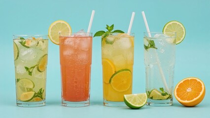 Fototapeta premium Colorful beverages with lemon, lime, and orange slices, fresh mint, and straws on a blue background. Refreshing drinks with fruit garnish and ice.