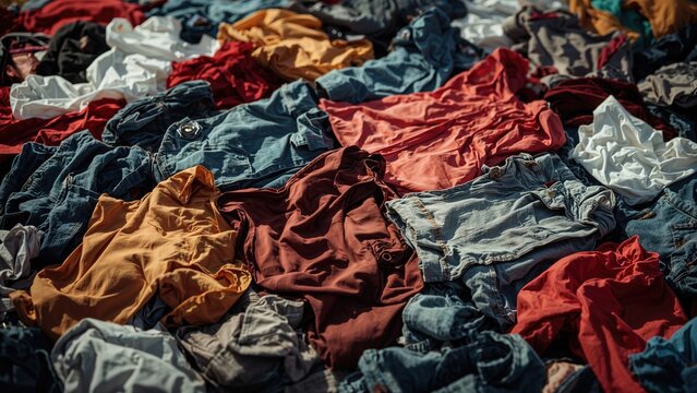Clothes scattered on the surface showing a variety of colors and fabrics. Fabrics and apparel, cluttered and disorganized. The scene of clothing chaos.