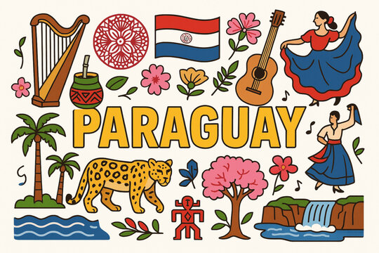 Paraguay Cultural Icons Vector Illustration with Music, Nature and Traditional Elements
