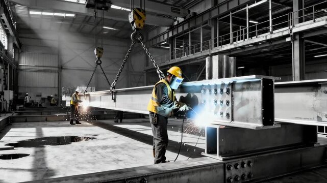 Industrial steel erection inside a factory environment focusing on heavyduty machinery and skilled labor assembling robust structural frameworks.