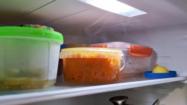 Low angle shot from inside a refrigerator with plastic containers of leftovers on an illuminated shelf. White vapor or cold steam rises from around the food items, suggesting a malfunction.