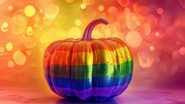 Video A colorful pumpkin decorated with a rainbow paint design, sitting on a table