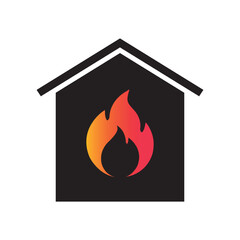 Fire House Icon Vector Flat Design on White Background. Black House Silhouette Sign with Gradient Flame. 