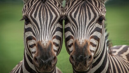Obraz premium Two zebras facing forward with close-up on their faces against a blurred green background.