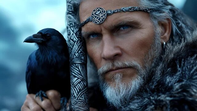 Ancient Norse deity Odin, supreme leader of Valhalla, gazes with wisdom. His faithful raven perches, he wields a powerful staff, embodying war and sagacity of Germanic mythology.