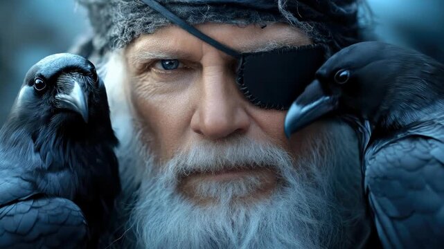 Wise ancient Norse ruler, majestic bearded god with eyepatch and loyal ravens, supreme leader of Aesir, lord of Valhalla, mighty Viking.