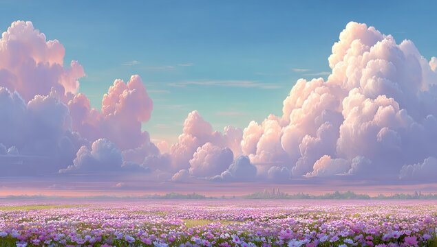 Vast field of purple flowers under a sky filled with voluminous, pastel-hued clouds - Powered by Adobe