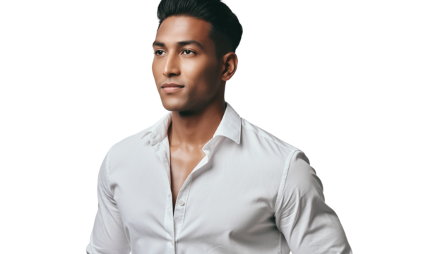 Thoughtful young adult male in a crisp white shirt, captured in a studio portrait - Powered by Adobe