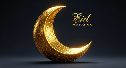 A beautiful golden crescent moon with intricate details and eid mubarak greeting text against a dark background