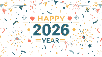  illustration of a happy new year decoration featuring a flat design style with bold lines, vibrant colors, and abstract shapes, including confetti, firewor with png Transparent 