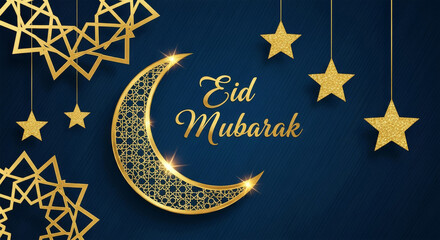 Elegant eid mubarak greeting card with golden crescent moon and stars on blue background