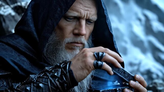 Powerful bearded Odin, supreme Norse deity, lord of Valhalla, leader of Aesir. God of war and wisdom intently examines an ancient mysterious relic, cloaked.