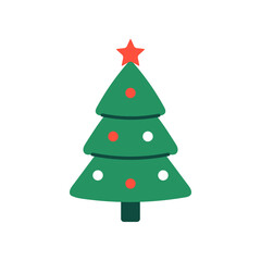 Vector illustration of a green Christmas tree with red and white ornaments and red star on top, isolated on white background. New year festive art in flat style. Winter clipart.