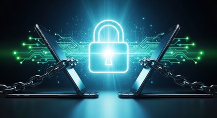 Digital security network connected by a glowing padlock