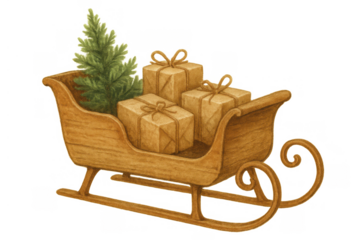 Christmas sleigh carrying holiday presents and a small evergreen tree, watercolor illustration with transparent background