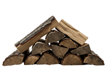 ultra-detailed, haphazardly stacked dry birch and oak firewood logs showing rough bark and annual growth rings, isolated on a bright white studio background, concept of sustainable energy