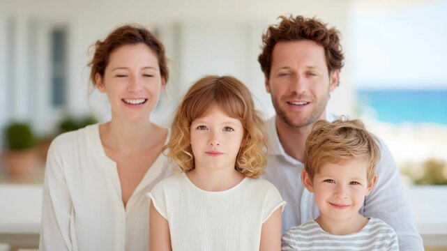 Vacation home insurance, family smiling together in a bright environment.