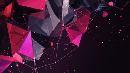 This image showcases a vibrant abstract geometric design featuring various shades of pink, black, and white connected through intricate lines.