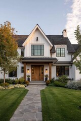 A contemporary house boasting a beautifully landscaped front garden and a charming pathway, all bathed in the warm glow of afternoon sunlight in a tranquil suburban neighborhood