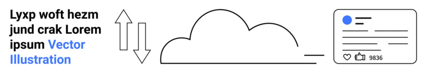 Data synchronization, cloud storage, file sharing, social media engagement, technology integration, digital information. Cloud icon, arrows and a social media interface. Data synchronization
