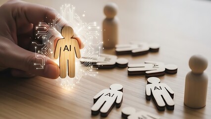 Artificial intelligence and human interaction with wooden figures on a wooden surface