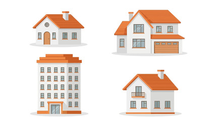 Fototapeta premium Residential Building Vector Set – Single-Family Home, Two-Story House, Apartment Complex, Balcony House for Real Estate, Architecture, and Urban Planning Projects