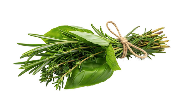 Fresh Bouquet of Herbs: Basil, Rosemary, and Thyme Tied with Twine