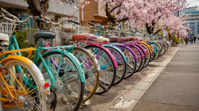 Ultra HD Row of colorful bicycles parked on a city street under blooming cherry blossom trees in japan during spring video