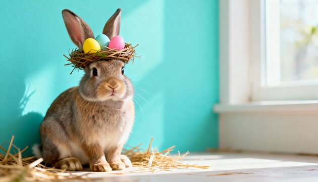A cute Easter rabbit wearing a nest with colorful eggs as a hat. Funny holiday bunny portrait against a turquoise background with copy space - Powered by Adobe