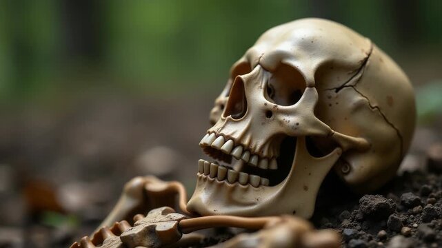 Video A skull sits atop a pile of dirt, offering a macabre scene