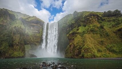 Fototapeta premium Waterfall in a lush green canyon with river at the base and cloudy sky above. Nature and landscapes, concept. Scenic views of waterfalls and wilderness.