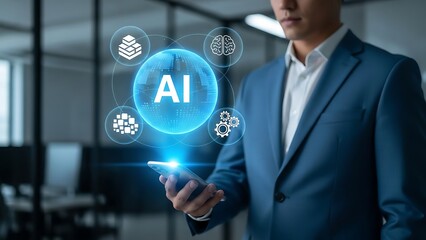 Professional examining artificial intelligence concepts and data analytics with mobile device