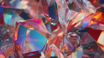 The image features an array of colorful crystal cubes reflecting light in various hues, creating a vibrant and artistic composition.