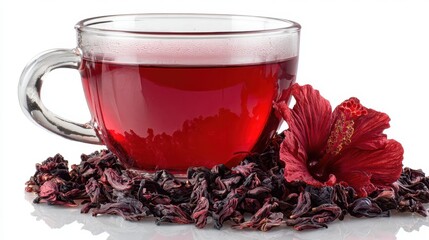 Hibiscus Tea in Transparent Glass, Vibrant Herbal Infusion