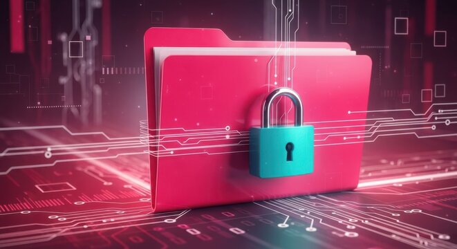 Secure red folder locked with a teal padlock on digital circuit background