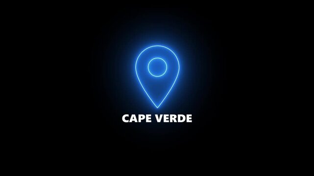 Neon blue map pin icon with the words CAPEVERDE in white text on a black background Cape Verde