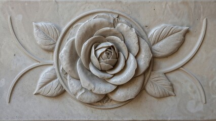 Naklejka premium A carved marble rose with leaves and decorative elements.