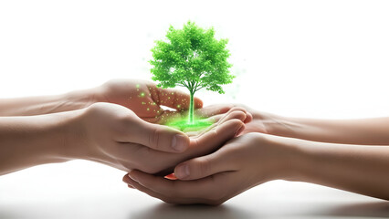 hands cupping a small glowing green sapling hologram, white background, 2025 digital sustainability concept.