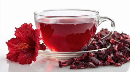 Hibiscus Tea in Transparent Glass, Vibrant Herbal Infusion