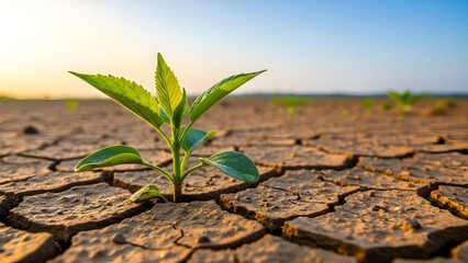 plant in the ground, young plant growing from a cracked earth surface showing climate recovery, clean sky, soft light
