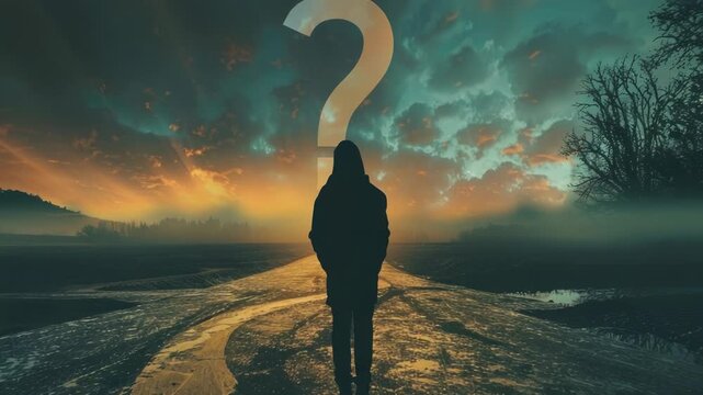 Video A person stands in the middle of a road with a question mark sign, inviting curiosity and inquiry