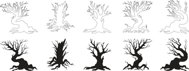 Twisted barren tree silhouettes set with leafless branches, spooky forest elements, creepy outline variations, and eerie winter tree designs for Halloween, fantasy art, and nature illustrations.