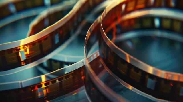 Video A close-up shot of a film strip on a table, with film reels and leader strips visible