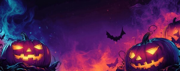 Festive comic-style Halloween background with glowing jack-o'-lanterns and bats in vibrant colors