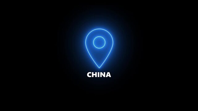 Neon blue location pin icon with the word CHINA illuminated on a dark background map marker navigation