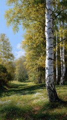 Fototapeta premium Bright and sunny day in a birch forest with green grass and blue sky