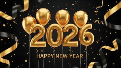 Golden 2026 balloons with confetti and ribbons celebrating happy new year