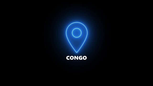 Neon blue location pin icon with the word CONGO illuminated on a dark background map marker navigation