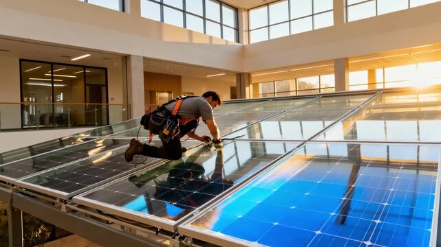 Installer fitting transparent solar panels in a spacious atrium emphasizing natural light combined with clean energy technology.